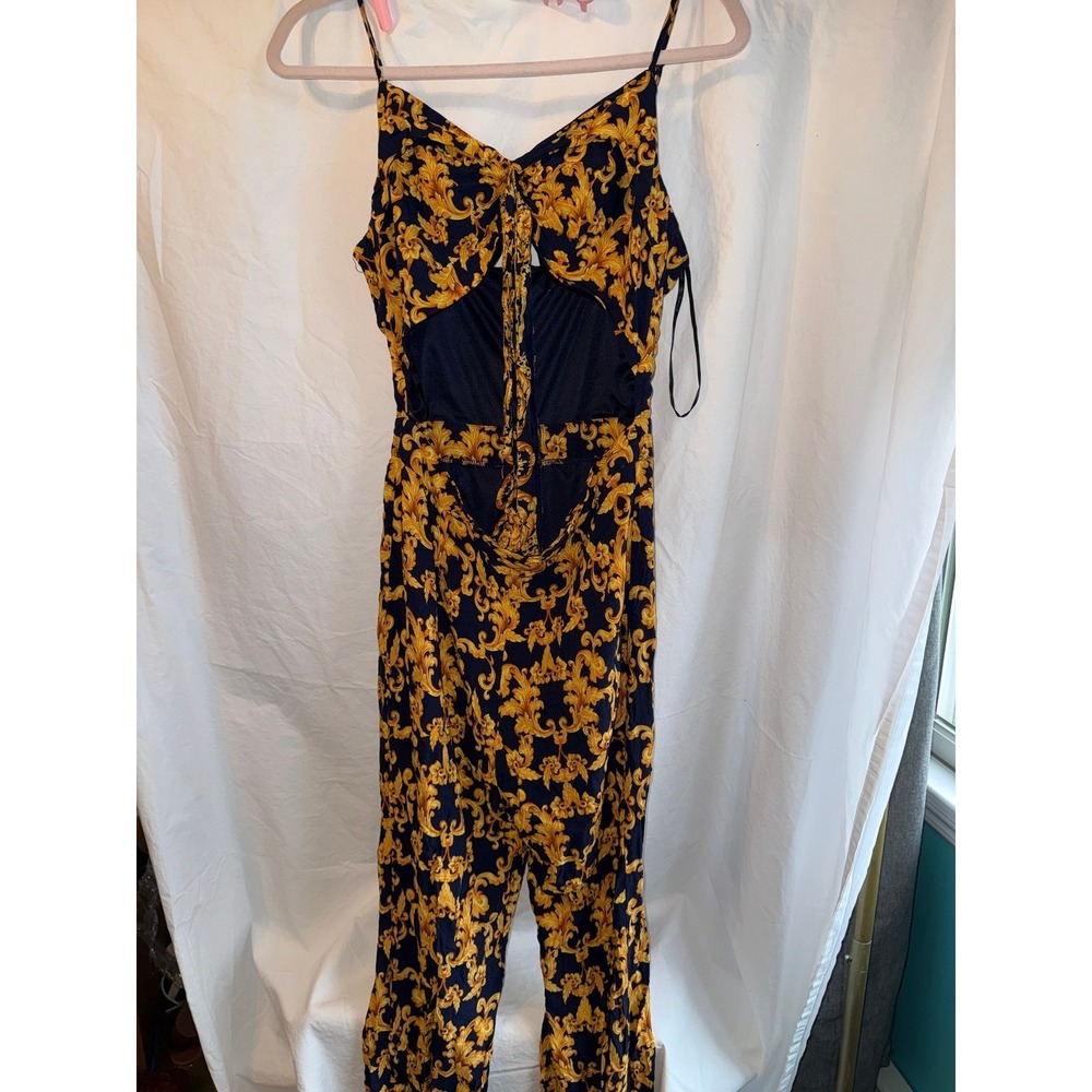 Papaya Baroque Scroll Print Jumpsuit Navy Gold Wide‎ Leg Cutout Tie Front Large
